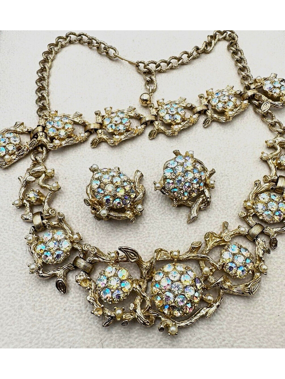 Estate AB rhinestone necklace & clip earrings bracelet set